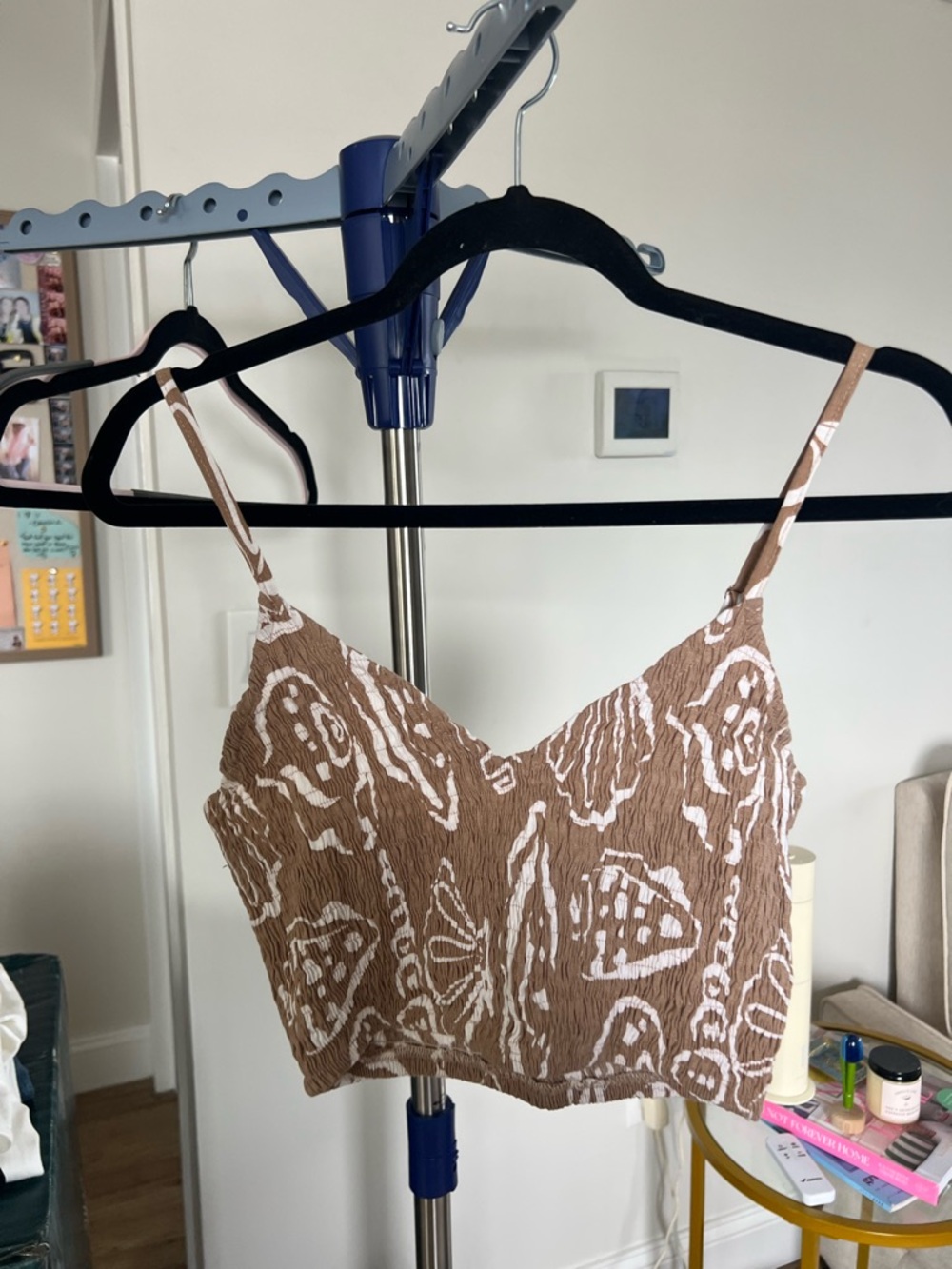 Anthropologie Tan & White Shell-Print Crop Top and Mini Skirt Set